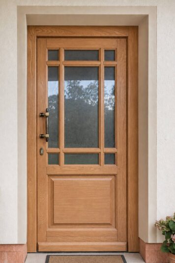 Individuell gefertigte Hauseingangstüre aus massivem Holz mit traditionellen Glaselementen. Handgefertigte Haustüre aus massivem Eichenholz mit Glaseinsätzen und klassischer Rahmenkonstruktion im Eingangsbereich eines Wohnhauses.