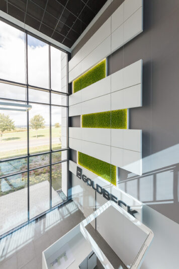 Individuell gefertigte Wandmodule mit integrierten Moosflächen von der Tischlerei Holzwelten Schlosser GmbH, Oelsnitz Modern gestaltete Innenwand mit weißen Wandmodulen und integrierten grünen Moosflächen in einer hohen, lichtdurchfluteten Eingangshalle.