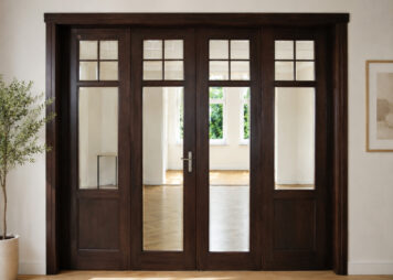 Historische Innentür als maßgefertigte Einzelanfertigung für stilvolle Altbau- und Wohnräume. Vierflügelige Innentür aus dunklem Massivholz nach historischem Vorbild mit großen Glasflächen und Facettenschliff im klassischen Altbaustil.